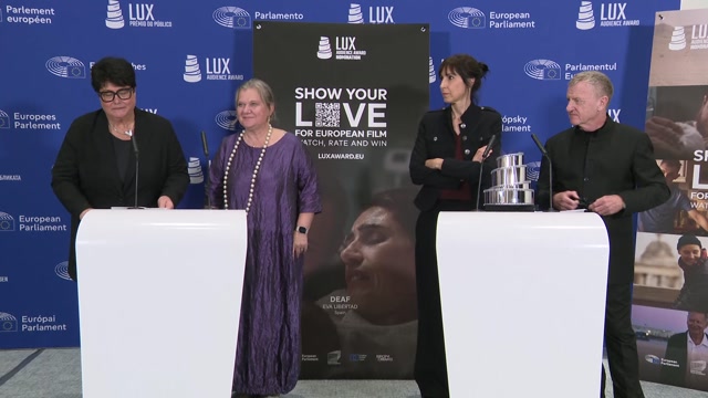 Press point by Sabine VERHEYEN (EPP, DE), EP vice-president, Eva LIBERTAD, Director of "Deaf", Nuria MUÑOZ ORTIZ, producer of "Deaf", LUX Audience Award 2026 laureates, Ada SOLOMON and Mike DOWNEY, following the LUX Audience Award 2026 ceremony